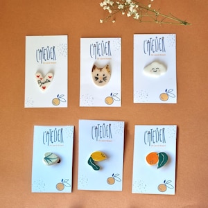 Ceramic brooch, cat, orange, lemon, baieta (kisses from Nice), water lily and clouds