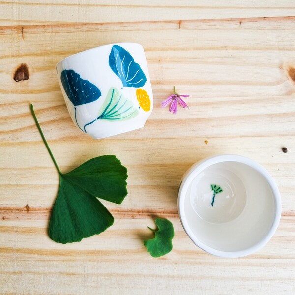 Tasses à café en céramique, feuille de gingko, création artisanale