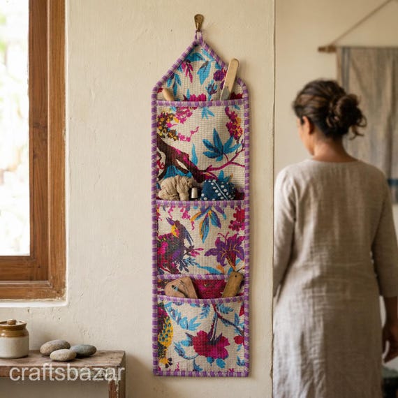 Floral Quilted Wall Organizer with Pockets, Handmade Cotton Hanging Storage, Boho Home Decor, Mail Organizer, Nursery Wall Pocket