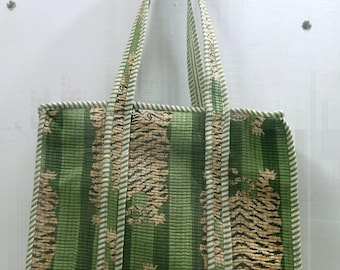 Green Striped Cotton Tote Bag, Handmade Everyday Shoulder Bag, Eco Friendly Reusable Market Bag, Boho Printed Carryall, Casual Shopping Tote
