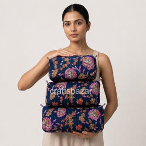 Set van 3 blauwe patchwork cosmetische tassen, gewatteerde tas voor make-up/toiletartikelen/reisaccessoires, ideale accessoires als cadeau voor elke gelegenheid