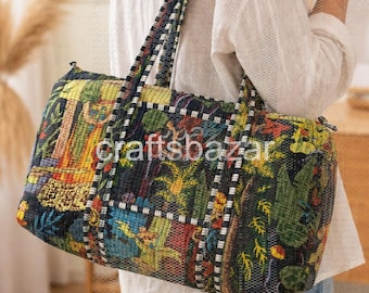 Borsa tote Kantha patchwork in stile boho, borsa a tracolla trapuntata fatta a mano, borsa da viaggio in cotone colorato, borsa da weekend vintage indiana, regalo per lei
