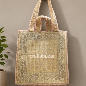 Handmade Quilted Kantha Bag - Paisley Bandana Design Boho Tote, Eco-Friendly Shopper Double Handle Strap Bag