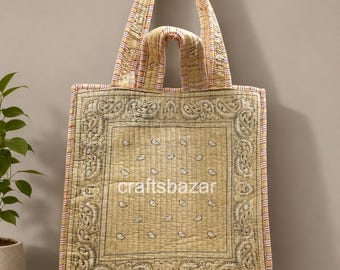 Handmade Quilted Kantha Bag - Paisley Bandana Design Boho Tote, Eco-Friendly Shopper Double Handle Strap Bag