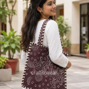 Brown Paisley Tote Bag, Handmade Fabric Handbag, Ethnic Print Shoulder Bag, Reusable Shopping Bag, Everyday Carry Tote image 3