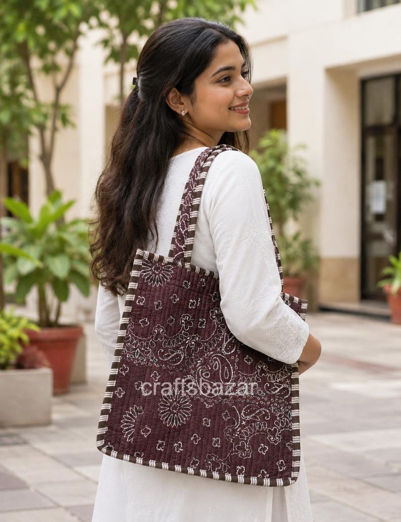 Brown Paisley Tote Bag, Handmade Fabric Handbag, Ethnic Print Shoulder Bag, Reusable Shopping Bag, Everyday Carry Tote image 3