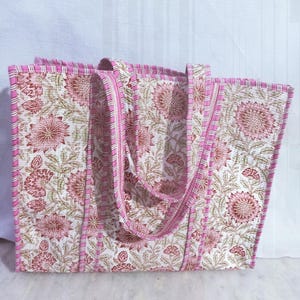Floral Handprinted Large Quilted Tote Bags | Boho Overnight Weekender Beach Tote Bag | Eco Friendly Shopping Grocery Travel Bags For Women