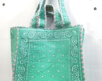 Mint Green Cotton Tote Bag, Quilted Double Handle Shoulder Bag, Indian Block Print Tote, Everyday Fabric Handbag