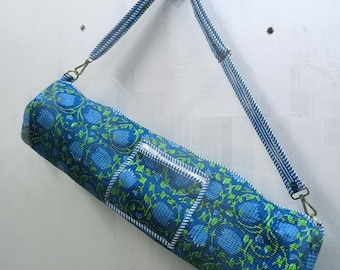 Blue Floral Yoga Mat Bag with Strap, Quilted Cotton Yoga Bag, Adjustable Sling, Zipper Pocket, Handmade Gym Bag