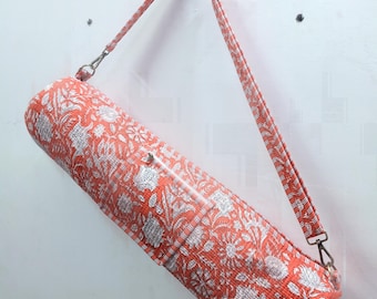 Handmade Quilted Yoga Mat Holder-Block Print Cotton Yoga Bag - Boho Floral Exercise Carrier with Outer Pocket and Adjustable Crossbody Strap