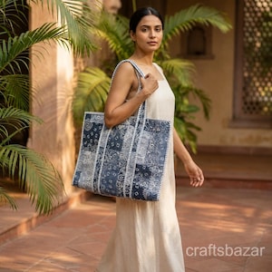 Gray Quilted Tote Bag, Patchwork Cotton Tote, Handmade Boho Shoulder Bag, Large Everyday Tote, Reusable Shopping Bag, Gift for Her