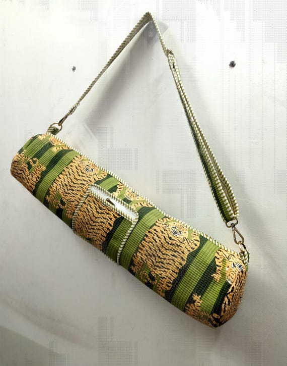 Tiger Print Mahjong Yoga Mat Bag, Handmade Cotton Yoga Bag with Strap, Adjustable Sling Carrier, Eco Friendly Yoga Mat Holder, Gift for Yogi