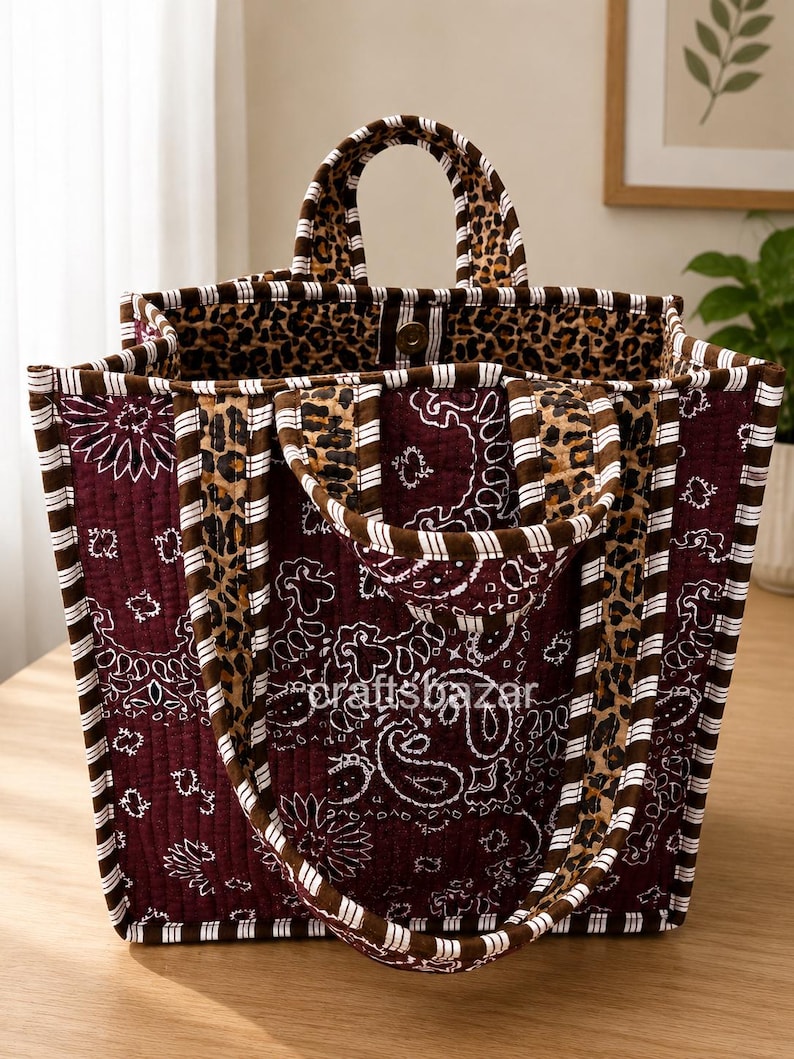 Brown Paisley Tote Bag, Handmade Fabric Handbag, Ethnic Print Shoulder Bag, Reusable Shopping Bag, Everyday Carry Tote image 1