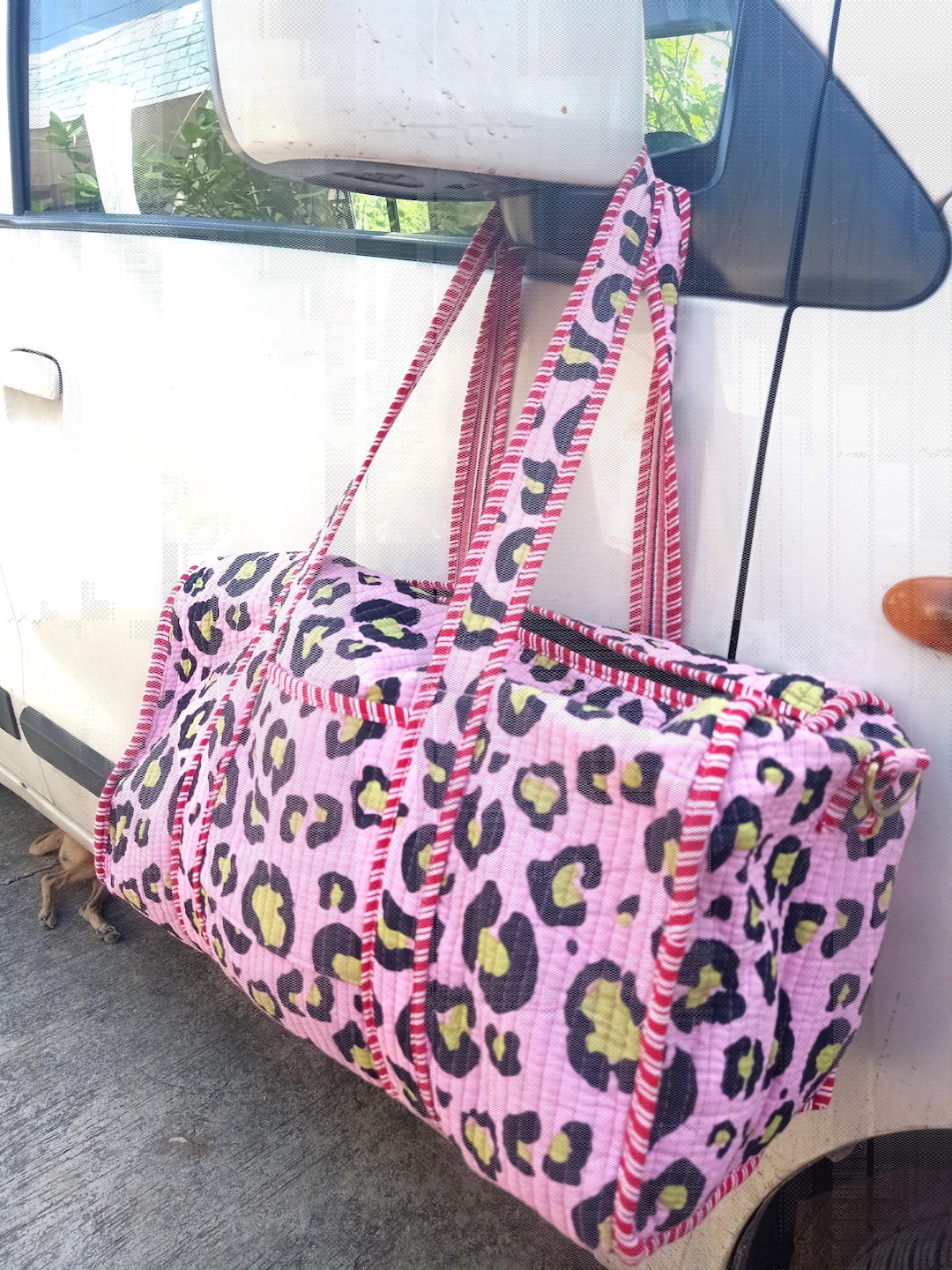 Pink Leopard Print Quilted Duffel Bag: Cotton Weekender Travel Bag - Etsy