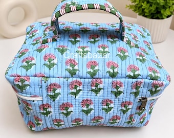 Borsa cosmetica trapuntata fatta a mano, trousse per il trucco con motivo floreale, organizer per articoli da toilette in cotone, astuccio da viaggio per il trucco, borsa da trucco con cerniera, regalo per lei
