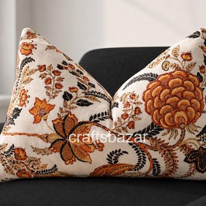 Boho Floral Pillow Cover, Rust Orange Throw Pillow Cover, Vintage Botanical Cushion Cover, Autumn Floral Decor, Farmhouse Accent Pillow