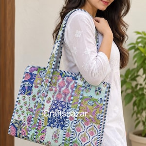 Sac cabas matelassé à motifs floraux fait main, sac bandoulière en coton coloré, sac de marché réversible, sac shopping bohème, cadeau éco-responsable