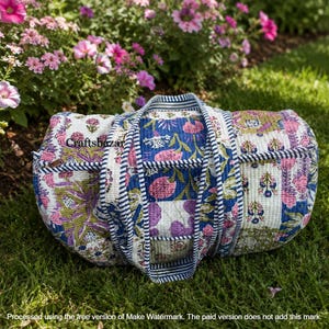 Quilted Patchwork Tote Bag: Floral Cotton Duffle, Boho Weekend Bag