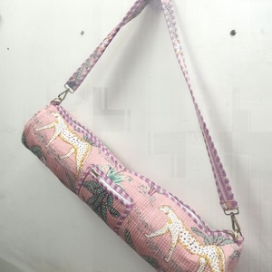 Pink Quilted Mahjong Yoga Mat Bag, Handmade Cotton Yoga Bag with Strap, Block Print Horse Design, Boho Gym Carrier, Pilates Mat Holder