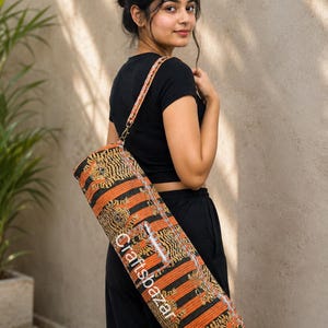 Orange Tiger Mahjong Yoga Mat Bag, Boho Yoga Mat Carrier, Handmade Cotton Fitness Mat Bag, Adjustable Strap Pilates Mat Holder