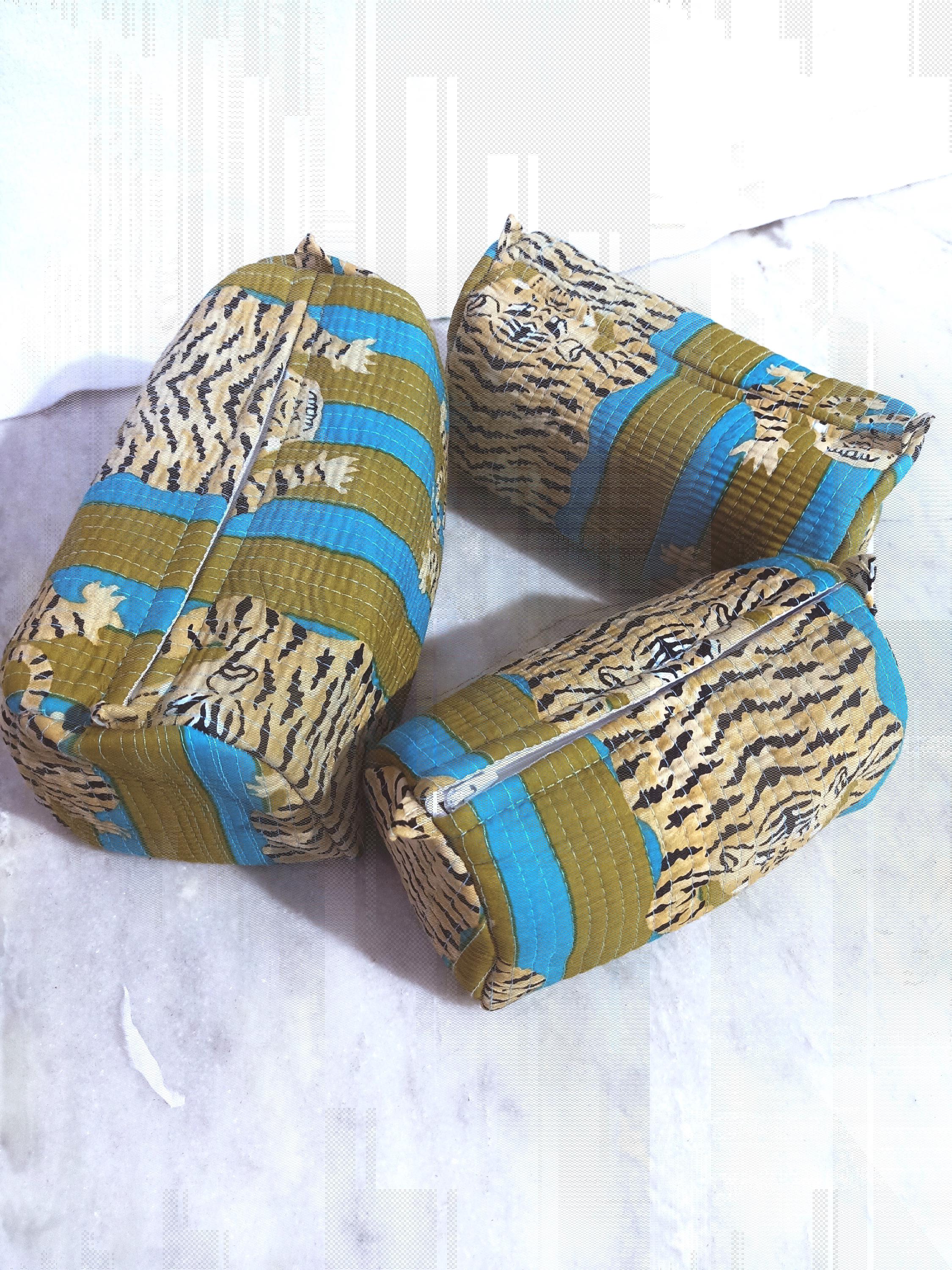 Sac De Toilette En Coton Imprimé Tigre Indien - Réversible - Taille Grande