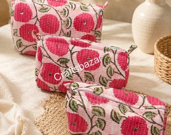 Set di pochette per il trucco trapuntate con motivo floreale rosa, set di pochette cosmetiche in cotone, organizer da toilette fatto a mano, astuccio da viaggio per il trucco, pochette con cerniera e motivo floreale