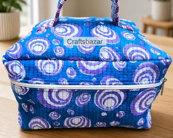 Neceser acolchado hecho a mano, organizador de cosméticos grande, neceser de algodón, estuche de maquillaje de viaje, estuche con cremallera floral, regalo para ella.