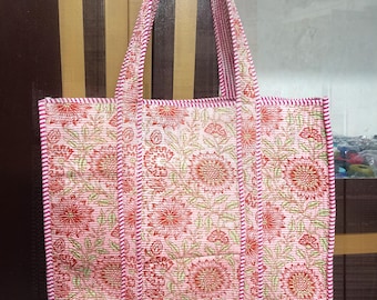 Block Print Quilted Tote Bag, Handmade Quilted Bag Soft Indian Cotton Tote Bag, Travel Bag, Shoulder Bag, Large Tote Bag Eco friendly Bag