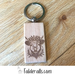 Floral Highland Cow Keyring - Wooden Laser Engraved Keychain