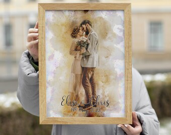 Watercolor Couple Portrait from Photo, Custom Wedding Anniversary Gift for Wife Husband Parents, Engagement Gift for Friend, Unique Wall Art