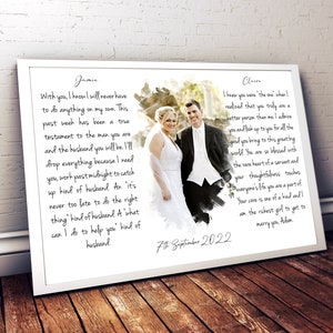 Vœux de mariage personnalisés, Portrait à l’aquarelle à partir d’une photo avec vœux, Cadeau photo encadré personnalisé, Cadeau de marié et de marié, Art imprimé de vœux de mariage