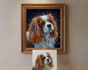 May include: A framed portrait of a Cavalier King Charles Spaniel with a colorful, abstract background. The dog has brown and white fur, with a focused gaze. A smaller painting of the dog sits on a wooden easel below the framed portrait.