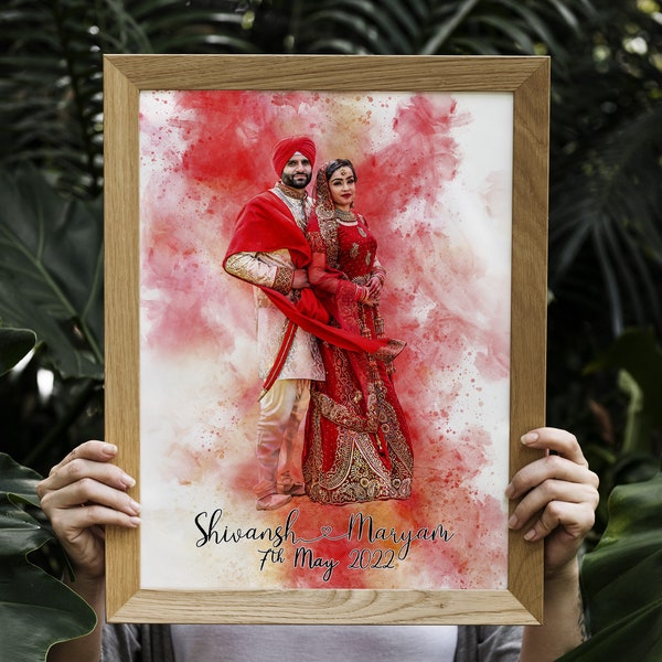 Personalised Indian Wedding Portrait from Photo, Family Illustration, Wedding Couple Portrait, Anniversary Gift for Wife Husband Partner