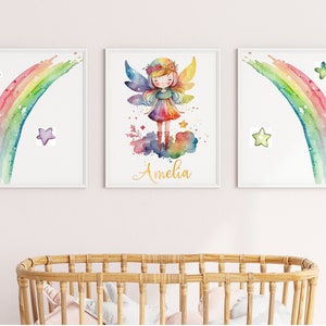 Rainbow Fairy Girls Bedroom Wall Print, Set of 3 Rainbow Fairy Watercolour Prints, Personalised Wall Art, Watercolour Prints Baby Name Print