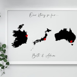Emplacements personnalisés carte d'amour, fiançailles longue distance ou cadeau de mariage, encadré plusieurs pays ou états, notre voyage jusqu'à présent impression de carte