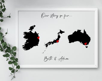 Personalised locations love map, long distance engagement or wedding gift, framed multiple countries or states, our journey so far map print