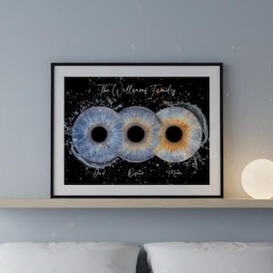 May include: A framed print displaying three iris illustrations in blue and brown hues on a black backdrop. The text "The Williams Family" is above the irises, with "Dad", "Ever", and "Mom" written below the irises.