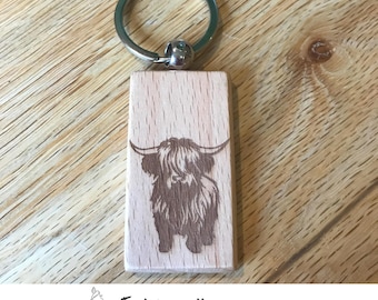 Highland Cow Keyring - Rustic Wooden Laser Engraved Keychain