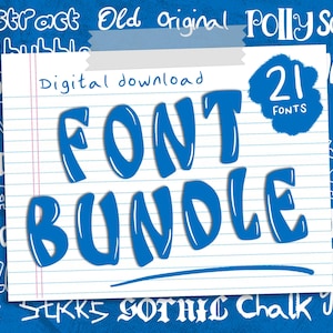 Peut inclure: Un lot de polices en téléchargement numérique présentant un graphique de papier ligné blanc avec le texte bleu FONT BUNDLE et 21 FONTS. L'arrière-plan affiche divers styles de polices blancs sur une surface bleue, dont Abstract, Old, Original, Polly, Script et Bad bubble.