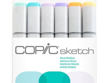 May include: A package of Copic Sketch markers in pale pastel colors. The markers have gray barrels and pastel-colored caps. The packaging includes the text "COPIC sketch" and the words "Pale Pastels" in English, French, German, and Spanish.