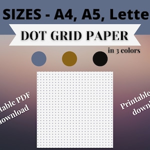 Könnte beinhalten: Druckbares Punktrasterpapier in den Größen A4, A5 und Letter. Das Papier ist in drei Farben erhältlich: Blau, Braun und Schwarz.  Druckbarer PDF-Download.