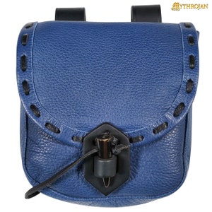 Full Grain Leather Medieval Belt Pouch The Adventurer’s Belt Bag with Horn Toggle, Ideal for SCA LARP Reenactment and Ren Fair - Blue 7"