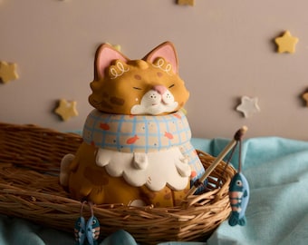 Custom Cat Jar Portrait, Ginger Cat Fishing Jar, Collectible Cat Sculpture with Miniature Fishing Rod, Custom Pet Trinket Eco Resin OOAK