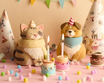 Custom Birthday Cat or Dog Jar, Miniature Cake Candle Holder, Custom Pet Portrait from Photo, Pet Birthday Gift Trinket OOAK