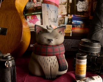 Punk Cat Eco-Resin Storage Jar with Piercings | Alternative Jesmonite Cat Figurine | One of a Kind Collectible Sculpture Labu Studio