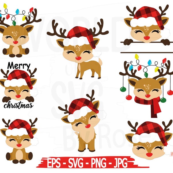 Bundle Girl Reindeer Face Svg, Merry Christmas Reindeer Svg Cut File, Christmas Reindeer Svg for Cricut, Reindeer Shirt Svg,Reindeer Clipart