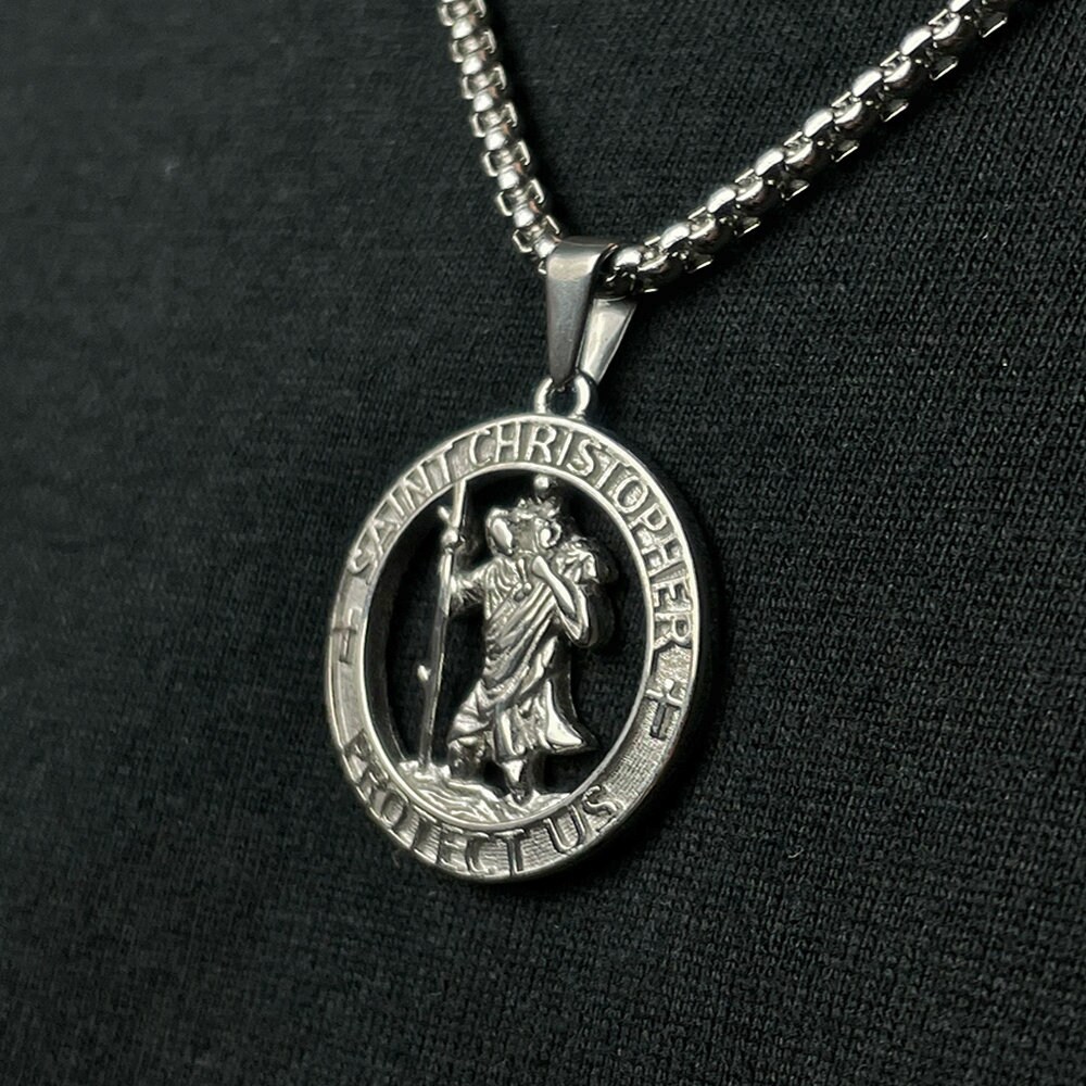 ST Christopher Pendant Silver Necklace Men's Necklace Etsy