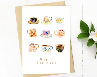 Happy Birthday Tea time card,  cups of tea birthday card, tea lover birthday card, tea set birthday card
