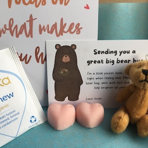 Bear Hug in a box. Positivity Bear. A little bear pocket hug. Depression Gift. Mental health gift.