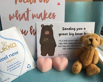 Bear Hug in a box. Positivity Bear. A little bear pocket hug. Depression Gift. Mental health gift.